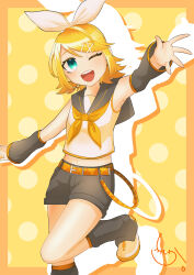  1girl absurdres belt black_leg_warmers black_sailor_collar black_shorts black_sleeves blonde_hair bow breasts commentary_request detached_sleeves green_eyes hair_bow hair_ornament hairclip headphones headset highres kagamine_rin leg_warmers looking_at_viewer midriff navel neckerchief one_eye_closed open_mouth parallel_hairclips polka_dot polka_dot_background sailor_collar shirt shoes short_hair shorts sleeveless sleeveless_shirt small_breasts standing standing_on_one_leg syika_456 teeth upper_teeth_only vocaloid white_bow white_shirt white_shoes yellow_belt yellow_neckerchief yellow_trim 