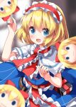  1girl :3 alice_margatroid arm_up bangs belt blonde_hair blue_dress blue_eyes blurry blurry_background book bow capelet closed_mouth doll dress eyes_visible_through_hair flying frills hair_between_eyes hairband hands_up highres indoors long_hair looking_at_viewer necktie one-hour_drawing_challenge open_mouth red_belt red_bow red_hairband red_necktie ruu_(tksymkw) shanghai_doll short_hair short_sleeves smile solo standing thread touhou v-shaped_eyebrows white_capelet window 