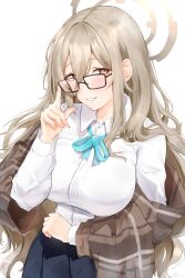  1girl absurdres adjusting_eyewear akane_(blue_archive) aqua_ribbon black-framed_eyewear blue_archive blue_skirt blush breasts brown_eyes brown_hair brown_jacket collared_shirt commentary eyelashes glasses hair_between_eyes halo highres jacket long_hair long_sleeves neck_ribbon off_shoulder plaid_clothes plaid_jacket ribbon shirt simple_background skirt smile solo subguss white_background white_shirt 