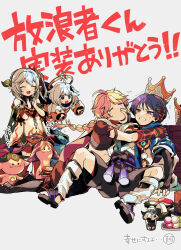  2boys 2girls aether_(genshin_impact) ahoge alternate_headwear aranara_(genshin_impact) armlet armor asymmetrical_sidelocks belt black_belt black_bodysuit black_boots black_bow black_bridal_gauntlets black_eyes black_sandals black_shorts blonde_hair bloomers blue_cape blue_gem blue_kimono blue_sleeves blunt_ends blush bodysuit boots bow bracelet braid bridal_gauntlets brown_pants brown_shirt brown_sleeves cape clenched_teeth closed_eyes commentary_request crop_top cropped_shirt crown crying dango detached_sleeves diamond_hair_ornament dress eyelashes facing_another feathers fingernails food furisode furrowed_brow gem genshin_impact gold_armlet gold_bracelet gold_crown gold_halo gold_ring gold_trim green_cape green_sleeves hair_ornament half_crown_braid halo hand_in_another's_hair hand_on_another's_face hand_on_another's_shoulder hands_up japanese_armor japanese_clothes jewelry juban kimono knee_boots kote kurokote layered_sleeves leaf leaf_hair_ornament leg_warmers light_blush long_hair long_sleeves looking_at_another low-braided_long_hair low-tied_long_hair mandarin_collar mechanical_halo medium_hair middle_ring midriff multiple_boys multiple_girls nahida_(genshin_impact) onigiri open_clothes open_hands open_kimono open_mouth oriiiiiiiiiiii paimon_(genshin_impact) pants pointy_ears pom_pom_(clothes) purple_hair purple_rope purple_sash pushing romper rope sandals sanshoku_dango sash scaramouche_(genshin_impact) shirt short_dress short_sleeves shorts shoulder_peek side_cape side_ponytail sidelocks sitting standing stirrup_legwear sushi sweatdrop tassel tears teeth toeless_legwear translation_request trembling upper_teeth_only violet_eyes vision_(genshin_impact) wagashi wanderer_(genshin_impact) white_background white_bloomers white_dress white_hair white_kimono white_leg_warmers white_romper white_sleeves white_trim wispy_bangs yellow_feathers zouri 