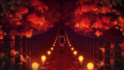  1girl absurdres commentary_request endlesscat facing_away falling_leaves fence from_behind full_body highres kneehighs lantern leaf long_hair long_sleeves maple_leaf monochrome night original outdoors path pleated_skirt red_theme scenery shirt shoes skirt socks solo straight_hair tree walking 