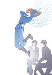  1girl 2boys absurdres arms_up black_hair black_suit boots brother_and_sister bulletproof_vest commentary commentary_request full_body furuseolam hagiwara_chihaya hagiwara_kenji halo highres jumping korean_commentary long_hair looking_ahead matsuda_jinpei meitantei_conan multiple_boys on_one_knee police police_uniform policeman policewoman red_lips short_hair siblings simple_background suit white_background wings 