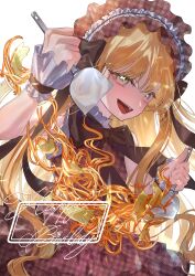  1girl absurdres black_bonnet black_dress black_ribbon black_skirt blonde_hair bonnet commentary_request dei_matsuri dress eyelashes frilled_cuffs fuku_fukufuku green_eyes happy_birthday highres holding holding_spatula kimi_no_koto_ga_dai_dai_dai_dai_daisuki_na_100-nin_no_kanojo long_hair neck_ribbon open_mouth ribbon short_sleeves skirt solo spatula symbol-shaped_pupils white_background white_wrist_cuffs wrist_cuffs yakisoba 