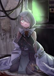  1girl bare_shoulders breasts camiscilla_(shadowverse) commentary_request dim_lighting glasses green_eyes highres lab_coat lanyard looking_at_viewer open_mouth ro11_apple seiza shadowverse shadowverse:_worlds_beyond short_hair sideboob sitting sleeves_past_wrists smile 