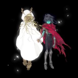  1girl 1other antlers armored_boots black_background black_hair black_unitard blonde_hair boots cape closed_eyes commentary deer_antlers deer_girl deltarune furry furry_female gauntlets highres hood hood_up hooded_robe hooves horns kris_(dark_world)_(deltarune) kris_(deltarune) long_hair medium_hair noelle_holiday noelle_holiday_(dark_world) ogi_(sendi03_) red_cape robe untranslatable_commentary utdr_(toby_fox) white_robe 