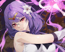  1girl armpit_crease bishoujo_senshi_sailor_moon bow bowtie breasts circlet commentary commentary_request fate/grand_order fate_(series) flower glasses hair_flower hair_ornament highres long_hair magical_girl medium_breasts mukunokino_isshiki purple_hair red_eyes sailor_senshi_uniform single_bare_shoulder smile under-elbow_gloves urd_(fate) wand 