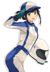  1girl :d baseball_cap black_hair cowboy_shot fubuki_(kancolle) gloves green_eyes green_gloves grey_background hat helmet highres holding holding_helmet jacket kantai_collection kasumi_(skchkko) long_sleeves low_ponytail official_alternate_costume open_mouth pants pilot_helmet pilot_suit ponytail short_hair short_ponytail simple_background smile solo 