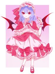  1girl adapted_costume bat_wings bow bowtie capelet closed_mouth collared_shirt commentary_request frilled_shirt_collar frilled_wrist_cuffs frills full_body hair_between_eyes highres long_hair looking_at_viewer pink_shirt pink_skirt pink_socks pointy_ears purple_hair red_bow red_bowtie red_capelet red_eyes red_nails red_shoes red_wrist_cuffs remilia_scarlet shirt shoes skirt skirt_bow skirt_set smile socks solo touhou twitter_username wings wrist_cuffs yuki6220821 