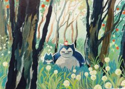  apple apple_core apple_on_head apple_tree closed_eyes dandelion dandelion_clock day flower food food_on_head forest fruit fruit_on_head gouache_(medium) grass highres munchlax nature no_humans object_on_head original outdoors painting_(medium) plant pokemon pokemon_(creature) sitting slice_of_life snorlax sunlight tall_grass titsay traditional_media tree 