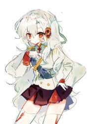  1girl alpha_(alpha_1918) belt blue_sash coat commentary cowboy_shot fluffy_hair gloves hair_ornament hand_on_own_hip highres long_hair military_dress_uniform military_uniform miniskirt original red_eyes russian_empire sash skirt solo suiyw1999 thigh-highs thighs very_long_hair waist_sash white_belt white_coat white_gloves white_hair white_thighhighs 