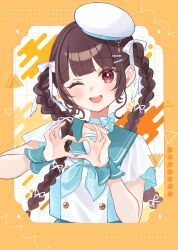  1girl :d ;d beret blue_neckerchief blue_sailor_collar blue_skirt border bow braid brown_border brown_hair commentary_request egasumi grid_background hair_bow hat head_tilt heart heart_hands highres long_hair looking_at_viewer neckerchief one_eye_closed original pleated_skirt red_eyes rino_cnc sailor_collar shirt skirt smile solo twin_braids twintails upper_body very_long_hair white_bow white_hat white_shirt wrist_cuffs 