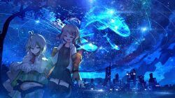  2girls absurdres advarcher ahoge ascot black_thighhighs blush brown_hair cecilia_immergreen city closed_eyes closed_mouth colored_inner_hair doll_joints dress gigi_murin green_dress green_eyes green_hair grey_hair highres hololive hololive_english jacket joints multicolored_hair multiple_girls night open_mouth orange_jacket outdoors red_ascot shirt short_hair sky smile star_(sky) streaked_hair tail thigh-highs twintails two-tone_hair virtual_youtuber whale white_dress white_shirt winding_key 