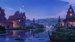  blue_sky boat chimney clouds commentary crescent_moon denis_istomin english_commentary grass highres holding holding_lantern horizon house landscape lantern moon night original outdoors people reflection reflective_liquid river rowboat scenery sky smoke star_(sky) tower town watercraft 