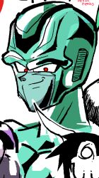  1boy alien bald black_frieza collage colored_skin cooler_(dragon_ball) dragon_ball dragon_ball_z forehead_jewel frieza headshot meta-cooler muscular muscular_male no_eyebrows oekaki out_of_frame red_eyes robot sketch smirk solo_focus teknodice 
