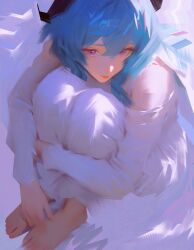  1girl absurdres barefoot blue_hair brush_stroke commentary ganyu_(genshin_impact) genshin_impact highres horns knees_to_chest no_lineart nyte_tyde painterly sidelocks sitting violet_eyes 