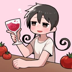  1girl alcohol black_eyes black_hair blush cup drinking_glass drunk food fruit highres holding holding_cup open_mouth original pink_background shirt simple_background sleepy smile solo squeans t-shirt takurada tomato twintails white_shirt wine wine_glass 