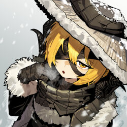  1girl absurdres bandaged_hand bandages black_coat blonde_hair blush coat commentary_request don_quixote_(project_moon) eyepatch fur-trimmed_coat fur_trim hat heavy_breathing heishou_pack-wei_branch_(identity)_(project_moon) highres horns incredibly_absurdres limbus_company open_mouth project_moon rice_hat ruppu snow snowing solo steam_from_mouth yellow_eyes 