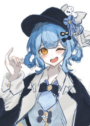  1girl :d ;d aruttya_aru bird_hat_ornament black_bow black_bowtie black_capelet black_hat blue_hair blue_necktie bow bowtie braid braided_hair_rings capelet collared_shirt commentary_request contrast_collar deerstalker hair_bow hair_rings hat hat_bow highres long_sleeves looking_at_viewer mahou_shoujo_no_majo_saiban necktie one-hour_drawing_challenge one_eye_closed open_mouth shirt short_hair smile solo tachibana_sherry upper_body vest white_shirt yellow_eyes 