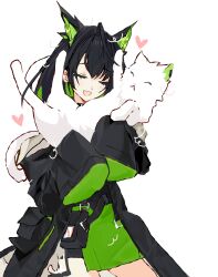  1girl :d absurdres animal arknights black_coat black_hair cat closed_eyes coat colored_inner_hair cowboy_shot dress green_dress green_hair heart highres holding holding_animal holding_cat light_blush medium_hair mon3tr_(arknights) multicolored_hair open_mouth pouch salja08s simple_background sleeves_past_fingers sleeves_past_wrists smile solo split_mouth standing white_background 