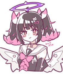  1girl absurdres bare_shoulders black_choker black_hair black_shirt blush bow chest_bow choker closed_mouth collarbone colored_inner_hair commentary_request detached_sleeves eribata_zzz hair_ornament hairclip halo highres looking_at_viewer multicolored_hair nangong_yu nangong_yu_(rhapsody's_muse) official_alternate_costume pink_bow purple_halo red_eyes shirt short_twintails simple_background smile solo translation_request twintails upper_body white_background white_wings wings zenless_zone_zero 