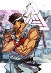  1boy belt black_belt black_hair cherry_blossoms closed_eyes crossed_arms dougi fingerless_gloves forked_eyebrows gloves hankuri headband male_focus martial_arts_belt muscular muscular_male red_gloves ryu_(street_fighter) short_hair sleeveless solo street_fighter street_fighter_6 torii white_headband 