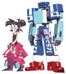  1girl aqua_armor armor baggy_pants black_hair black_shoes blank_eyes blue_armor blue_pants clothes_around_waist column_lineup drawstring edith_(teknodice) fingerless_gloves gloves hair_bun humanoid_robot jacket jacket_around_waist original pants pentel_(teknodice) pink_gloves pink_jacket pink_pants red_feet robot shoes short_hair simple_background solid_eyes standing sweatpants teknodice two-tone_armor white_background 