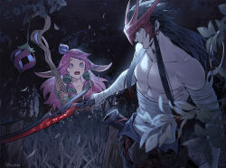  1boy 1girl animal_ears black_hair blue_eyes byuub centaur deer_ears deer_girl earrings flower hair_flower hair_ornament holding jewelry league_of_legends lillia_(league) long_hair mask monster_girl multicolored_hair muscular muscular_male open_mouth purple_hair red_hair solo staff sword taur weapon yone_(league) 