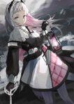 1girl arknights azuazu_0405 black_jacket breasts capelet closed_mouth clouds cloudy_sky dutch_angle grey_eyes grey_hair highres holding holding_lantern horizon irene_(arknights) jacket lantern long_hair long_sleeves looking_at_viewer multicolored_hair ocean pink_hair puffy_long_sleeves puffy_sleeves skirt sky small_breasts solo two-tone_hair very_long_hair water white_capelet white_skirt 