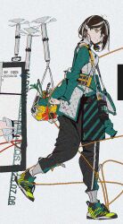  1girl alternate_costume arknights bag black_hair black_pants brown_hair earrings flat_color full_body highres jacket jewelry jqqs2002 magallan_(arknights) multicolored_hair orange_eyes pants shoes short_hair single_earring sneakers solo spring_onion streaked_hair white_hair yellow_eyes 