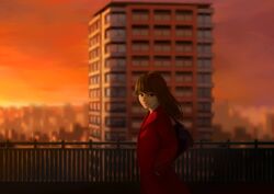  1girl absurdres blurry blurry_background brown_eyes brown_hair building city coat commentary_request from_side hand_in_pocket highres kusaba_eru_(happy_crystal) looking_at_viewer orange_sky original railing red_coat sky skyscraper smile solo upper_body violet_eyes 