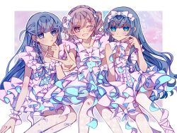  3girls :d ;d absurdres aijo_karen alternate_hairstyle aqua_bow aqua_dress arm_at_side black_hair blue_eyes blush bow braid brown_eyes brown_hair closed_mouth commentary criss-cross_halter cross-laced_clothes cross-laced_dress crown_braid dress dress_bow facial_mark feet_out_of_frame floral_print gradient_background hair_bow hair_ornament halterneck hand_on_own_chin hand_up heart heart_facial_mark heart_hair_ornament highres kagura_hikari kira_star_99 long_hair looking_at_viewer matching_outfits multiple_girls one_eye_closed one_side_up outside_border outstretched_arm pantyhose parted_lips pink_background pink_bow pink_dress print_pantyhose purple_background see-through_clothes see-through_pantyhose short_sleeves shoujo_kageki_revue_starlight side-by-side side_braid single_braid sitting smile tsuyuzaki_mahiru two-tone_bow two-tone_dress two_side_up v very_long_hair white_background white_pantyhose wrist_cuffs 