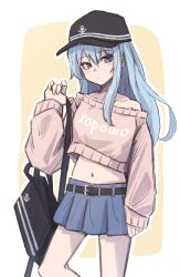  1girl alternate_costume bag black_hat blue_eyes blue_hair blue_skirt commentary_request cyrillic feet_out_of_frame flat_cap hat hibiki_(kancolle) highres kantai_collection ld_(luna_dial398) navel one-hour_drawing_challenge pink_sweater pleated_skirt russian_text skirt solo sweater two-tone_background 