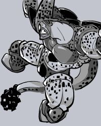  1boy angry blank_eyes carapace cell_max clubbed_tail dragon_ball dragon_ball_super dragon_ball_super_super_hero dynamic_pose grey_background highres male_focus monochrome muscular muscular_male no_eyebrows oekaki pectorals simple_background sketch solid_eyes teeth teknodice 