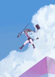  1girl :d angelina_(arknights) animal_ears arknights bag black_bag black_collar black_shirt black_shorts black_socks blue_sky brown_eyes brown_hair clouds coat collar commentary_request cumulonimbus_cloud day duffel_bag floating floating_hair fox_ears fox_girl full_body hairband highres holding holding_bag holding_staff jacket kneehighs long_hair mudrockuta26 multicolored_hairband open_clothes open_coat open_jacket outdoors outstretched_arms red_jacket shirt shoes short_shorts shorts sky smile sneakers socks solo spread_arms staff striped_clothes striped_hairband twintails two-tone_hairband white_coat 