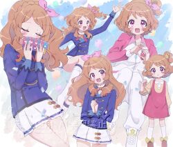  1girl aikatsu! aikatsu!_(series) blue_jacket bow braid brown_hair brown_shoes card chii_(chi_pppuri) commentary_request crown_braid dress hair_bow hair_ornament heart heart_hands highres holding holding_card jacket long_hair medium_hair multiple_views neck_ribbon one_side_up ozora_akari pants pinafore_dress pink_bow pink_dress pink_eyes pink_sleeves pleated_skirt rabbit_hair_ornament red_ribbon ribbon school_uniform shirt shoes skirt sleeveless sleeveless_dress starlight_academy_school_uniform thigh-highs white_jacket white_pants white_shoes white_skirt white_thighhighs yellow_shirt 