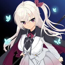  >:( 1girl ahoge akizuki_kanna black_background black_cape black_shirt blue_background blue_butterfly bow bowtie breasts bug butterfly cafe_stella_to_shinigami_no_chou cape closed_mouth collared_shirt commentary_request cowboy_shot crossed_bangs floating_hair frown glowing_butterfly gradient_background hair_between_eyes hair_bow highres holding jacket large_breasts long_hair long_sleeves looking_at_viewer one_side_up pleated_skirt red_bow red_bowtie red_cape red_eyes serious shinigami shirt shun12322 sidelocks simple_background skirt solo split_mouth two-sided_cape two-sided_fabric v-shaped_eyebrows very_long_hair white_hair white_jacket white_skirt 