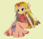  1girl artist_name back belt blonde_hair blue_eyes blush dress floating_hair gloves highres jewelry long_dress long_hair looking_at_viewer multicolored_hair necklace pink_dress princess_zelda sitting solo the_legend_of_zelda the_legend_of_zelda:_spirit_tracks the_legend_of_zelda:_the_wind_waker tiara tokuura toon_zelda 