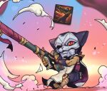  1boy alternate_ears alternate_form armored_boots black_pants boots cape closed_mouth detached_sleeves gun holding holding_gun holding_weapon jhin league_of_legends male_focus mask monochrome multicolored_background pants phantom_ix_row red_eyes slit_pupils solo weapon yordle 