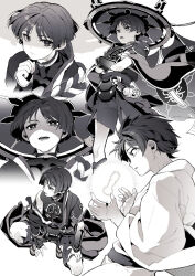  1boy alternate_costume armor blunt_ends clenched_hand closed_mouth covered_collarbone crossed_arms crying crying_with_eyes_open dirty dirty_arm dirty_face dirty_leg eyeliner fingernails furisode genshin_impact gnosis_(genshin_impact) greyscale hand_on_own_thigh hand_up hands_on_own_arms hat japanese_armor japanese_clothes jewelry jingasa kimono kote kusazuri layered_sleeves long_sleeves looking_at_viewer looking_to_the_side makeup male_focus mitsudomoe_(shape) monochrome multiple_views neck_ring o-ring open_mouth oriiiiiiiiiiii rope sandals sash scaramouche_(genshin_impact) scaramouche_(harbinger)_(genshin_impact) shaded_face shimenawa short_sleeves shorts sideways_mouth silhouette single_bare_shoulder single_off_shoulder single_sode squatting tassel tears teeth toenails toes tomoe_(symbol) tongue torn_clothes torn_shorts tsurime upper_teeth_only veil wispy_bangs wolf_cut zouri 