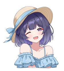  1girl :d ;d bare_shoulders blush collarbone commentary_request cropped_torso gakuen_idolmaster hat hat_ribbon hataya_misuzu highres idolmaster looking_at_viewer mole mole_under_mouth one_eye_closed open_mouth purple_hair ribbon shinouzip short_hair simple_background smile solo sun_hat violet_eyes white_background 