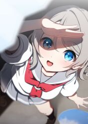  1girl amaki-chan_(volfuji) black_socks blue_eyes breasts brown_hair commentary_request grey_sailor_collar grey_skirt highres looking_at_viewer looking_up love_live! love_live!_sunshine!! neck_ribbon neckerchief nijigasaki_school_uniform open_mouth pleated_skirt ribbon sailor_collar school_uniform serafuku shirt short_sleeves skirt smile socks solo summer_uniform watanabe_you white_shirt 