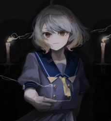  1girl absurdres ahoge blue_sailor_collar buttons candle closed_mouth commentary_request dark double-breasted fire grey_hair grey_hairband grey_serafuku grey_shirt grey_skirt hair_ornament hairband hairclip highres looking_at_viewer murase_uo necktie orange_eyes original sailor_collar school_uniform serafuku shirt short_hair short_sleeves skirt smoke smoke_trail solo upper_body yellow_necktie 