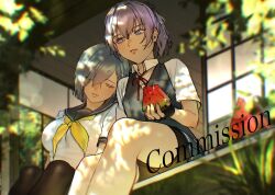  2girls bike_shorts blue_eyes closed_eyes commentary_request commission food fruit gloves grey_hair grey_sailor_collar grey_vest hair_ornament hair_over_one_eye hairclip hamakaze_(kancolle) highres holding holding_food holding_fruit kantai_collection millroi1000 multiple_girls neck_ribbon neckerchief pink_hair ponytail ribbon sailor_collar school_uniform serafuku shiranui_(kancolle) short_hair short_ponytail shorts shorts_under_skirt sleeping sleeping_on_person sleeping_upright vest watermelon watermelon_seeds watermelon_slice yellow_neckerchief 