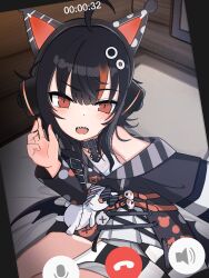  1girl ahoge animal_ear_headphones animal_ears arm_belt asymmetrical_legwear asymmetrical_sleeves bare_shoulders bat_wings belt belt_collar black_choker black_hair black_nails black_sweater cat_ear_headphones cat_ears choker collar cross-laced_clothes cross-laced_dress crossed_legs dress eyeball_hair_ornament fake_animal_ears headphones highres layered_dress leg_belt livestream long_sleeves looking_at_viewer mahou_shoujo_no_majo_saiban multicolored_hair nail_polish off-shoulder_sweater off_shoulder open_mouth orange_eyes orange_nails orange_streaks phone sawatari_coco selfie sharp_teeth shirt short_hair single_thighhigh skirt skull sleeveless sleeveless_shirt solo streaked_hair striped_clothes striped_sleeves striped_thighhighs stuffed_animal stuffed_cat stuffed_toy sweater teeth thigh-highs upper_teeth_only user_xeeg4274 video_call white_shirt white_skirt wings 