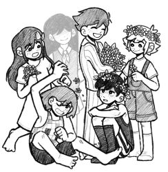  2022 2d 2girls 4boys :d absurdres arms_on_knees aubrey_(headspace)_(omori) aubrey_(omori) bare_shoulders barefoot basil_(headspace)_(omori) basil_(omori) blush_stickers bow bright_pupils brother_and_sister brothers checkered_clothes closed_eyes closed_mouth collarbone collared_shirt commentary commentary_request digital_media double-parted_bangs empty_eyes english_commentary flexing flower flower_wreath frostedbeess full_body greyscale grin hair_behind_ear hair_between_eyes hair_bow head_wreath hero_(headspace)_(omori) hero_(omori) highres holding holding_flower kel_(headspace)_(omori) kel_(omori) kneehighs knees_up lineart loafers long_hair looking_at_another mari_(headspace)_(omori) mari_(omori) monochrome mr._plantegg_(omori) multiple_boys multiple_girls neckerchief no_pupils omori omori_(omori) open_mouth overalls pleated_skirt shirt shoes short_hair short_sleeves shorts siblings sidelocks simple_background sitting skirt smile smug socks standing sweater_vest t-shirt tank_top teeth thigh-highs u_u wreath 