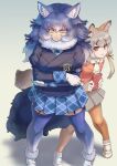  2girls animal_costume animal_ear_fluff animal_ears blazer blue_hair dire_wolf_(kemono_friends) fox_ears fox_girl fox_tail gloves grey_hair hat highres island_fox_(kemono_friends) jacket kemono_friends kemono_friends_3 kemono_friends_v_project kneehighs kosai_takayuki long_hair looking_at_viewer multiple_girls necktie ribbon simple_background socks tail virtual_youtuber wolf_ears wolf_girl wolf_tail 