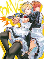  2boys absurdres alexis_ness apron arm_tattoo back-to-back black_dress black_shoes black_thighhighs blonde_hair blue_eyes blue_hair blue_lock closed_mouth commentary crossdressing crossdressing_(mtf) dress english_commentary enmaided frilled_apron frills gun highres holding holding_gun holding_weapon legwear_garter looking_at_viewer maid maid_apron maid_headdress male_focus male_maid michael_kaiser moguplush multicolored_hair multiple_boys neck_tattoo open_mouth parted_lips red_eyes shoes short_hair simple_background tattoo teeth thigh-highs twitter_username two-tone_hair weapon white_apron white_background 