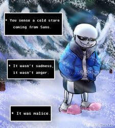  1boy 2026 2d artist_name black_shorts blue_jacket character_name commentary dialogue_box digital_media english_commentary english_text full_body grey_hood half-closed_eyes hands_in_pockets highres hollow_eyes hood hood_down hooded_jacket humanoid jacket long_sleeves male male_focus male_only monster monster_boy open_clothes open_jacket outdoors pine_tree pink_slippers sans_(undertale) shorts single_vertical_stripe skeleton slippers snow snowing socks solo standing striped_clothes striped_shorts sweater teeth text torchicmaster tree undead undertale utdr_(toby_fox) variant_set vertical-striped_clothes vertical-striped_shorts video_game_dialogue_box watermark white_socks white_stripes white_sweater 