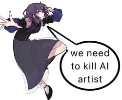  1girl ai-generated_art_(topic) bang_dream! bang_dream!_yumemita closed_mouth commentary dress english_text fuji_miyako_(real) full_body highres long_sleeves purple_dress purple_hair samuperior short_hair simple_background solo violet_eyes white_background 
