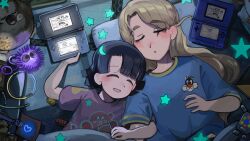  2girls absurdres bird black_hair blonde_hair blue_pajamas chicken closed_eyes crescent crescent_hair_ornament diva_(hyxpk) duck english_commentary hair_ornament handheld_game_console highres lego long_hair looney_tunes multiple_girls notebook original pajamas purple_pajamas short_hair sleeping smile star_ornament sylvester_(looney_tunes) 
